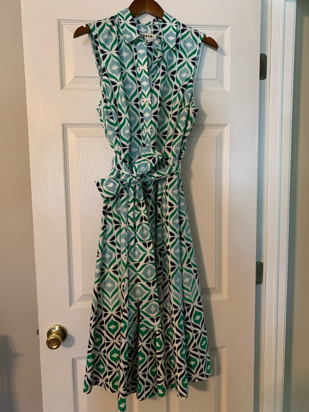 Boden Sleeveless Midi Dress in Green and White Geometric Print
